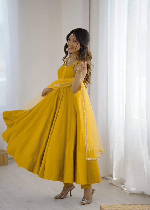 Attractive Yellow Color Roman Silk Lace Work Anarkali Suit
