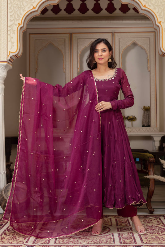 Beautiful Wine Georgette Anarkali Dress for Festive Season