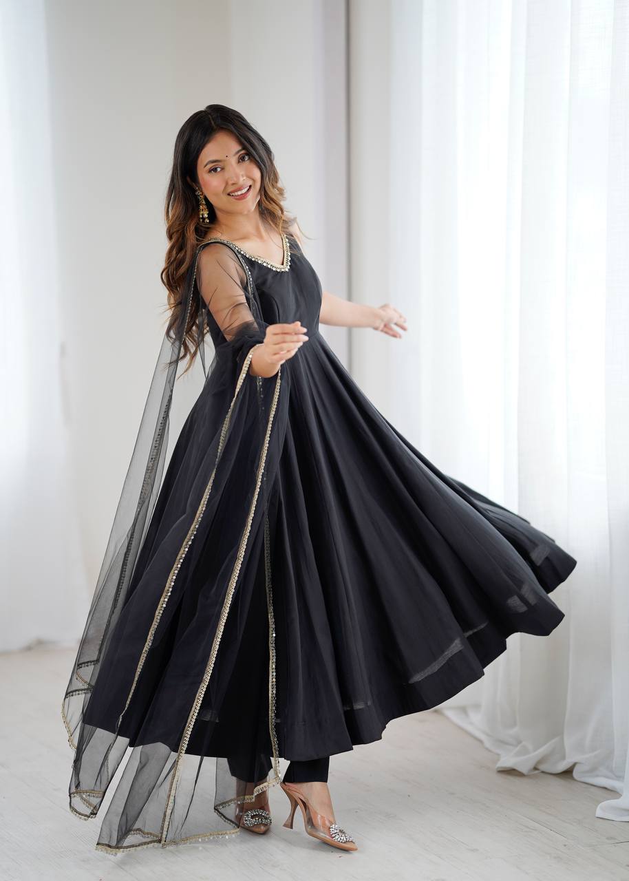 Beautiful Black Lace Work Chanderi Silk Festival Wear Anarkali Suit With Dupatta