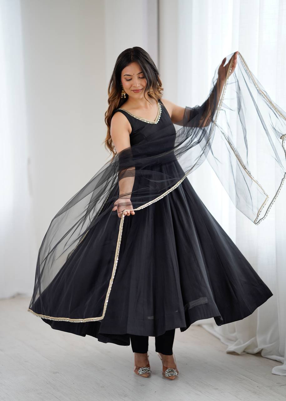 Beautiful Black Lace Work Chanderi Silk Festival Wear Anarkali Suit With Dupatta