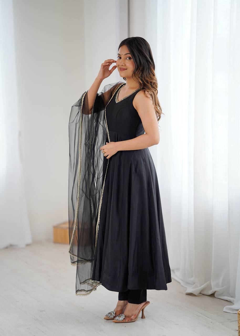 Beautiful Black Lace Work Chanderi Silk Festival Wear Anarkali Suit With Dupatta