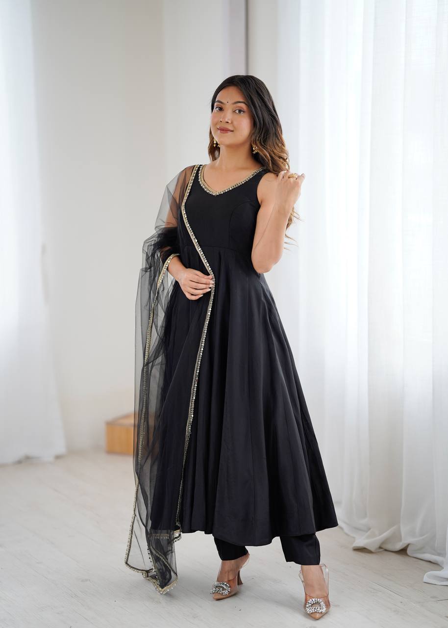 Beautiful Black Lace Work Chanderi Silk Festival Wear Anarkali Suit With Dupatta