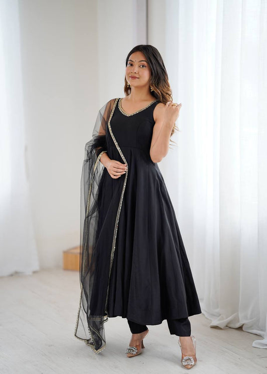 Beautiful Black Lace Work Chanderi Silk Festival Wear Anarkali Suit With Dupatta