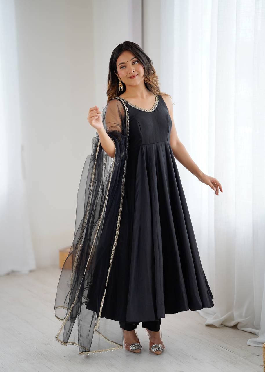 Beautiful Black Lace Work Chanderi Silk Festival Wear Anarkali Suit With Dupatta