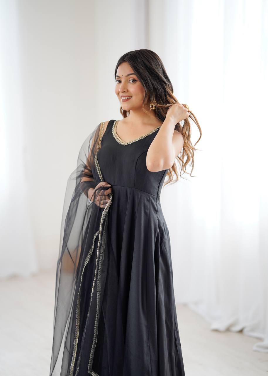 Beautiful Black Lace Work Chanderi Silk Festival Wear Anarkali Suit With Dupatta