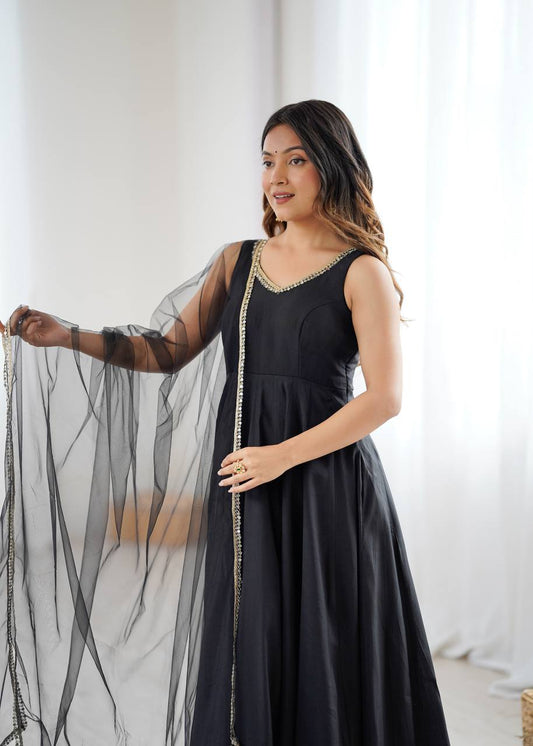 Beautiful Black Lace Work Chanderi Silk Festival Wear Anarkali Suit With Dupatta