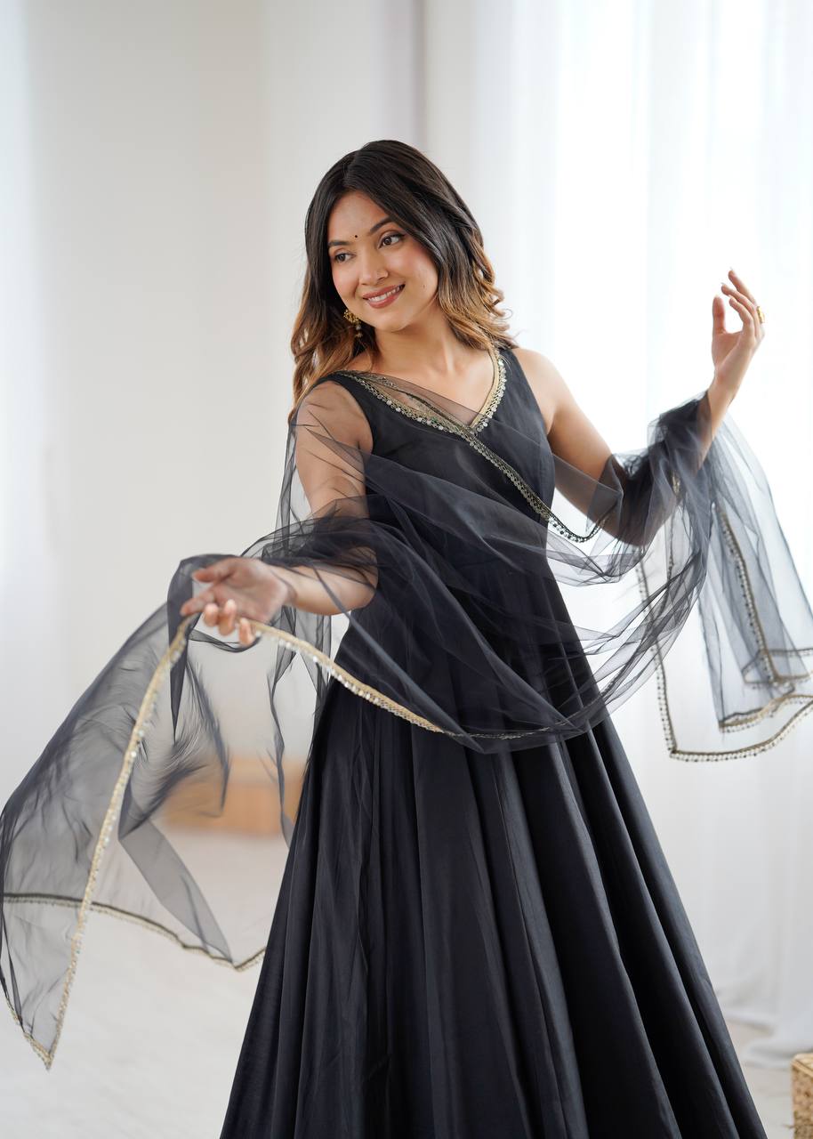 Beautiful Black Lace Work Chanderi Silk Festival Wear Anarkali Suit With Dupatta