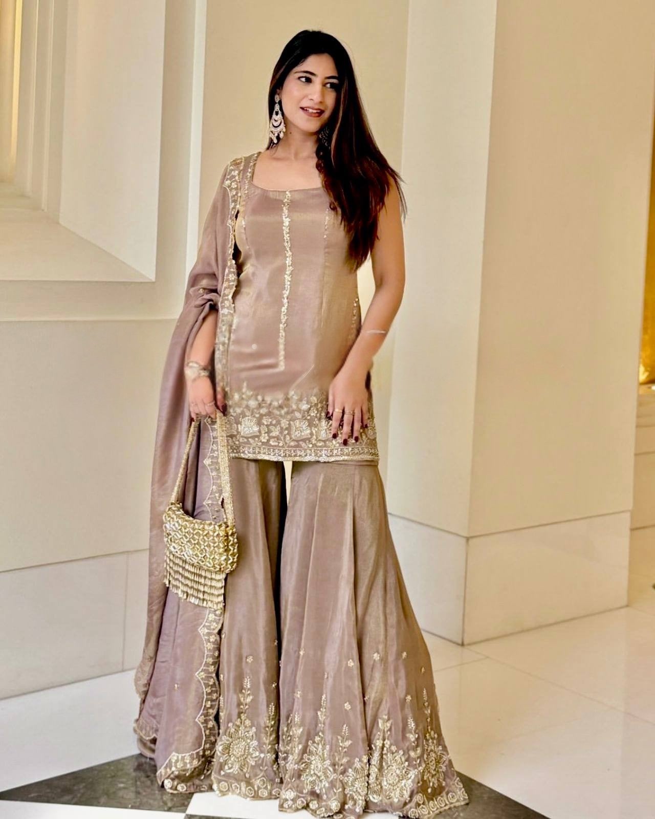 Beige Chinon Silk Embroidery Work Salwar Suit