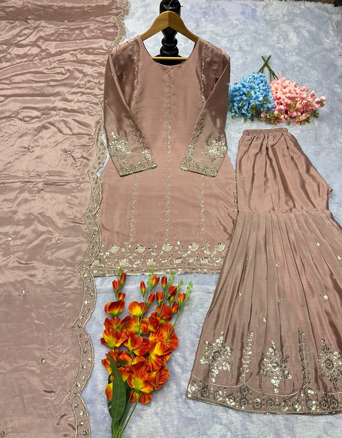 Beige Chinon Silk Embroidery Work Salwar Suit