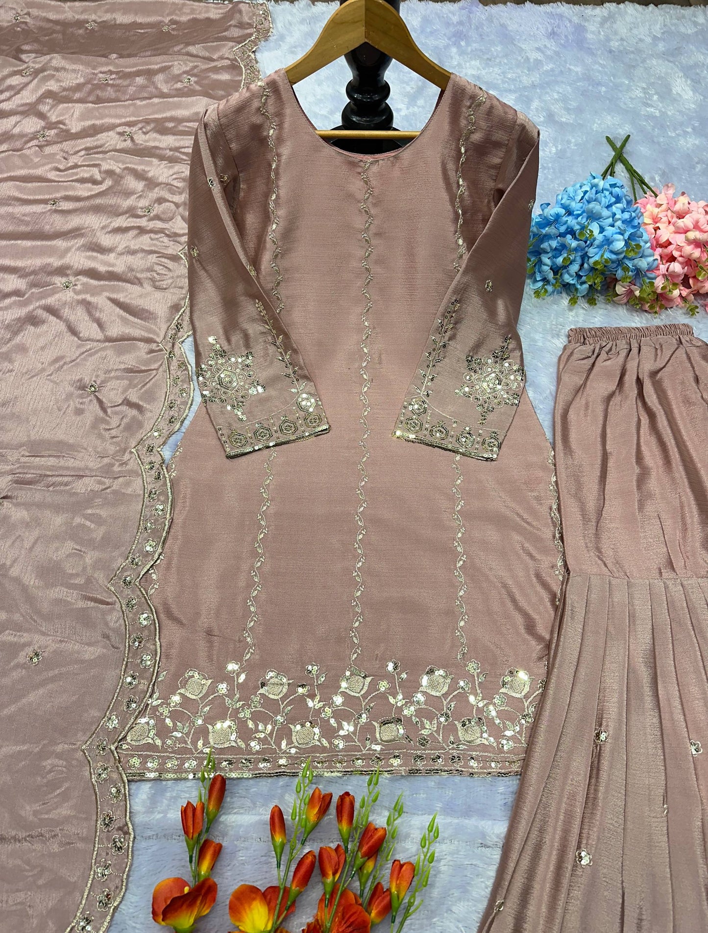 Beige Chinon Silk Embroidery Work Salwar Suit