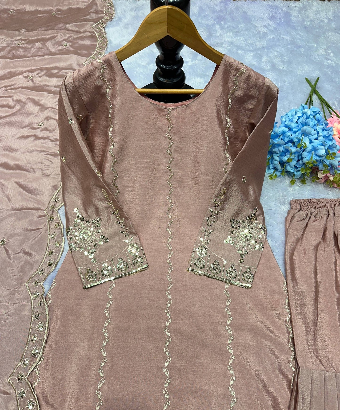 Beige Chinon Silk Embroidery Work Salwar Suit