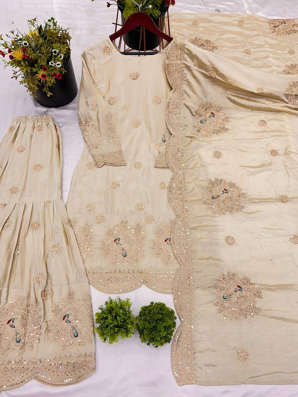 Beige Sharara Set With Sequence and Heavy Embroidery Work in Chinon With Dupatta