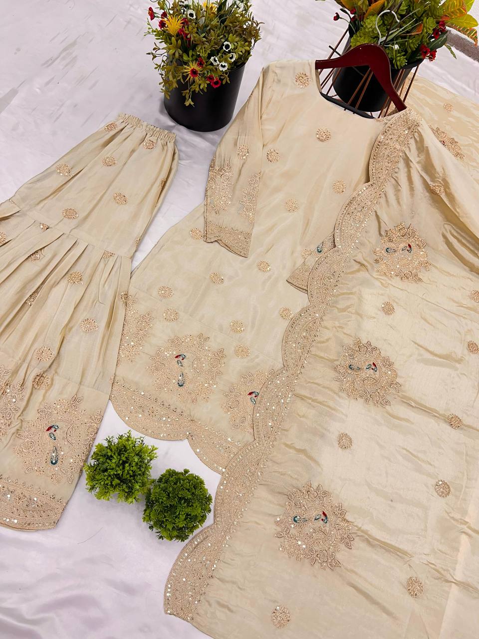Beige Sharara Set With Sequence and Heavy Embroidery Work in Chinon With Dupatta