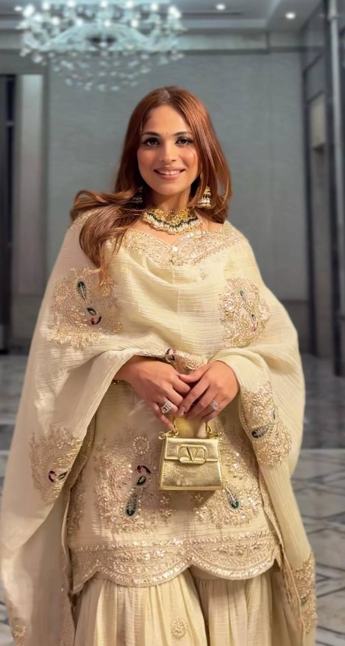 Beige Sharara Set With Sequence and Heavy Embroidery Work in Chinon With Dupatta