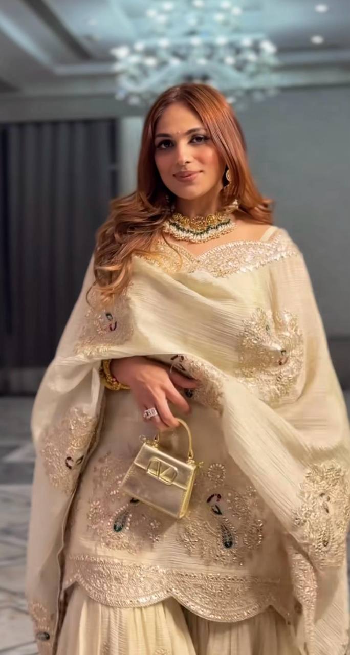 Beige Sharara Set With Sequence and Heavy Embroidery Work in Chinon With Dupatta