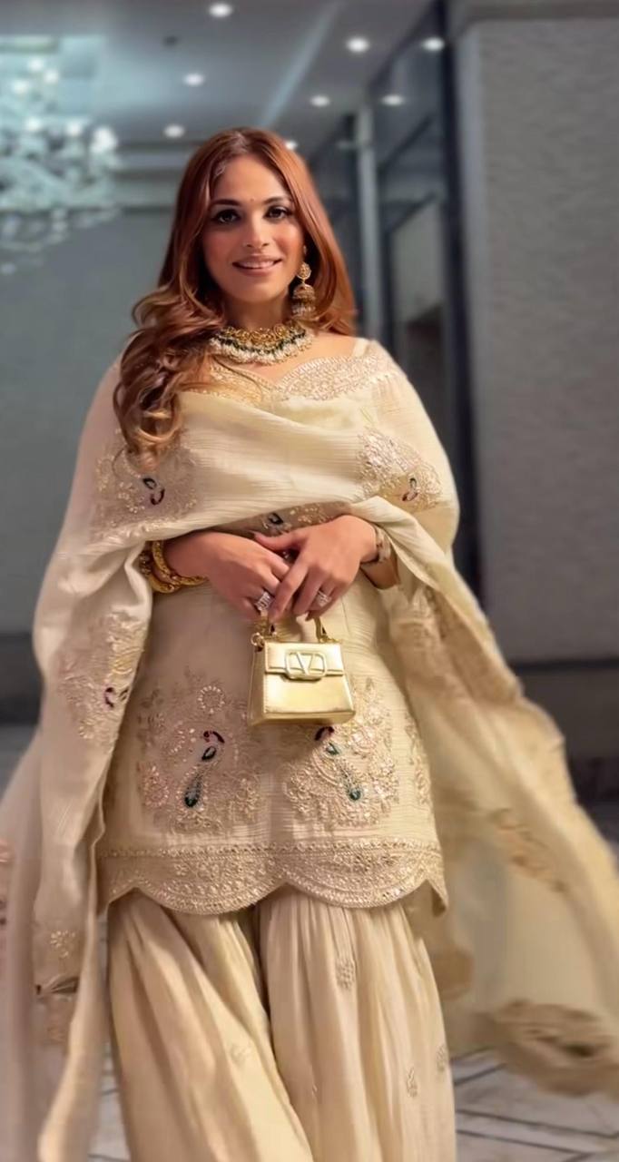 Beige Sharara Set With Sequence and Heavy Embroidery Work in Chinon With Dupatta