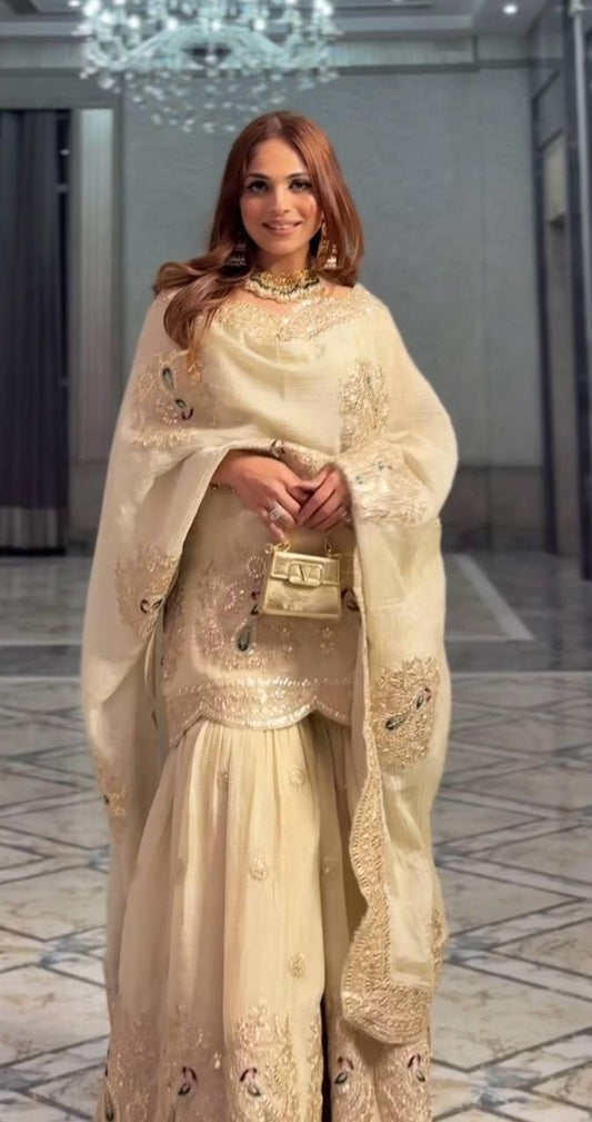 Beige Sharara Set With Sequence and Heavy Embroidery Work in Chinon With Dupatta