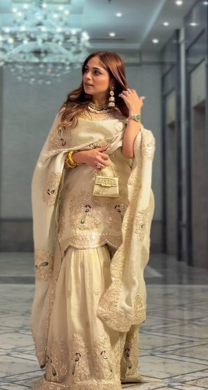 Beige Sharara Set With Sequence and Heavy Embroidery Work in Chinon With Dupatta