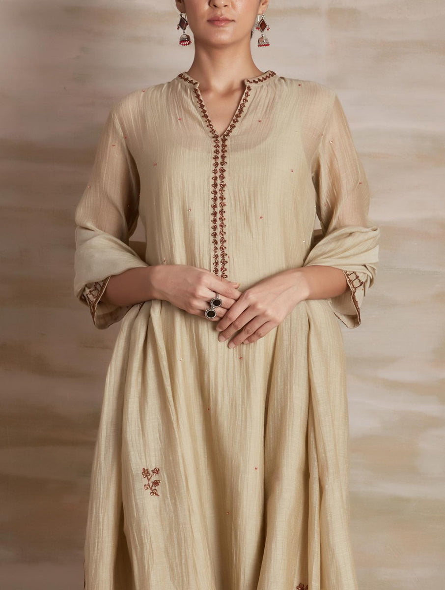 Biege Embroidered Chanderi Suit Set