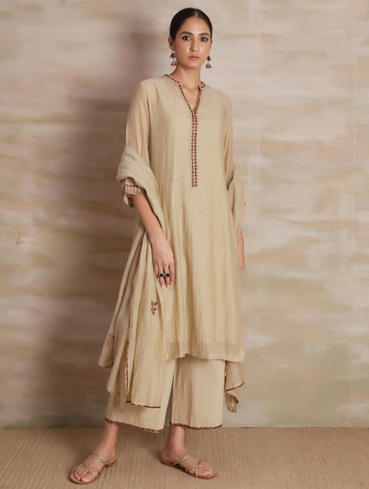 Biege Embroidered Chanderi Suit Set