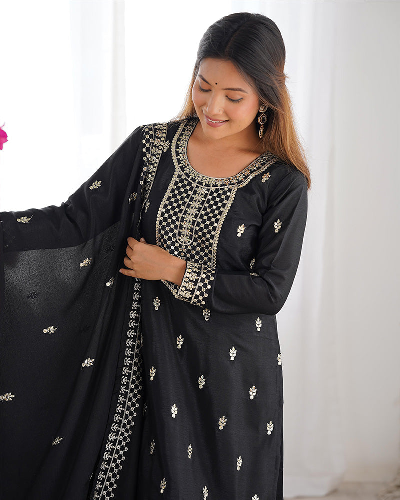 Black Color Chinon Silk Three Piece Palazzo Suit