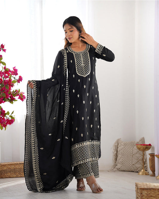 Black Color Chinon Silk Three Piece Palazzo Suit
