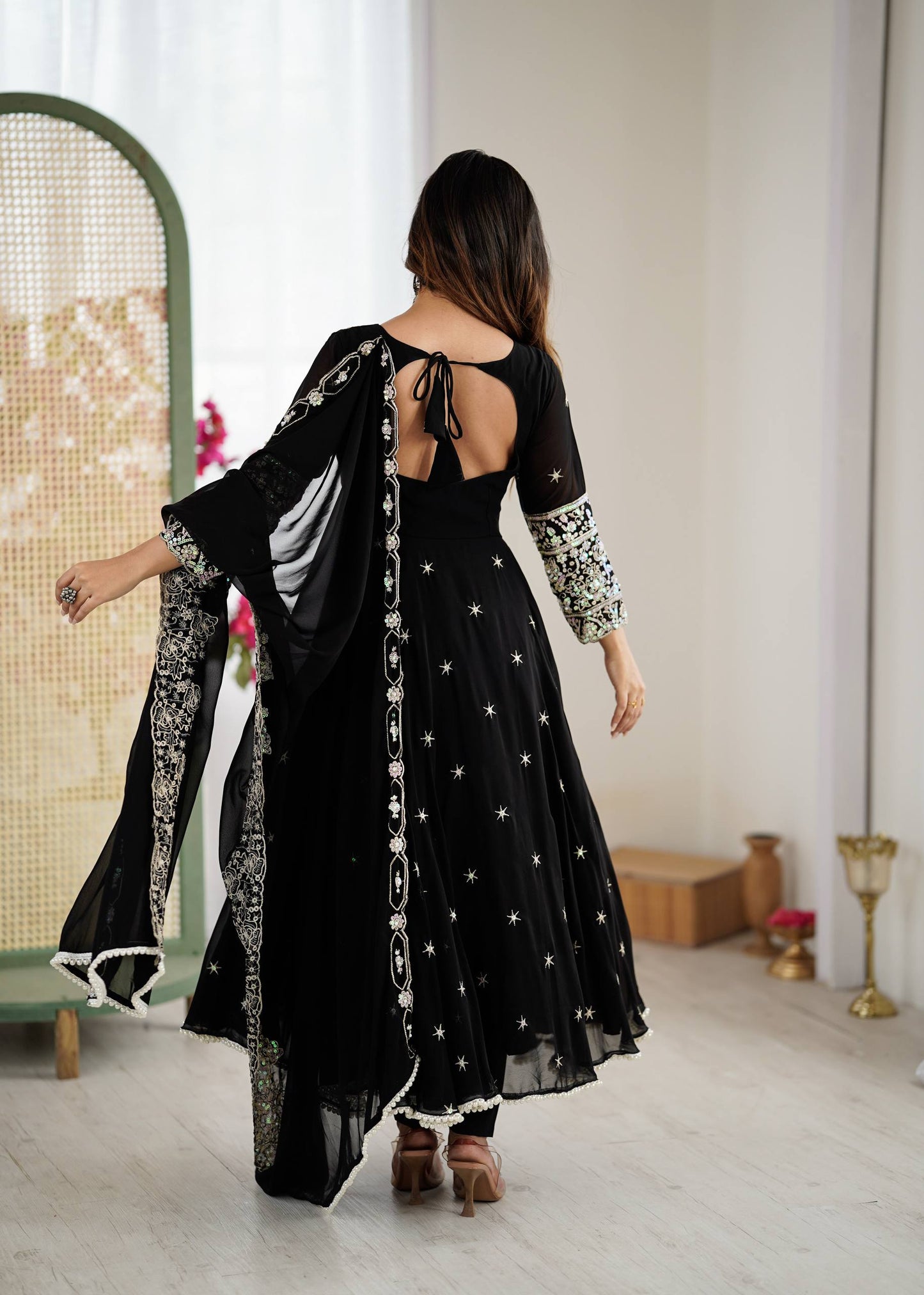 Black Georgette Anarkali Suit with Embroidery & Dupatta for Wedding