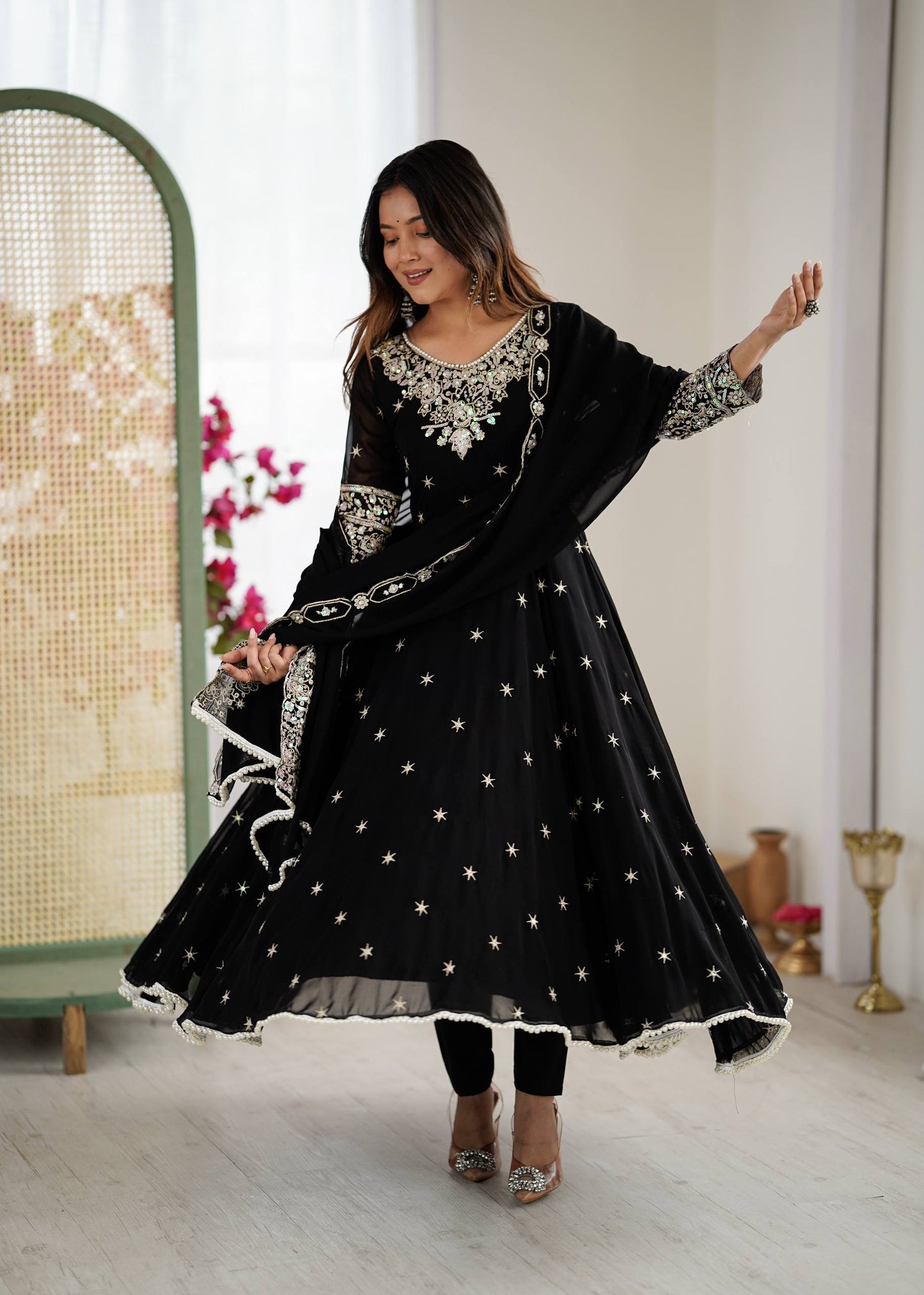 Black Georgette Anarkali Suit with Embroidery & Dupatta for Wedding