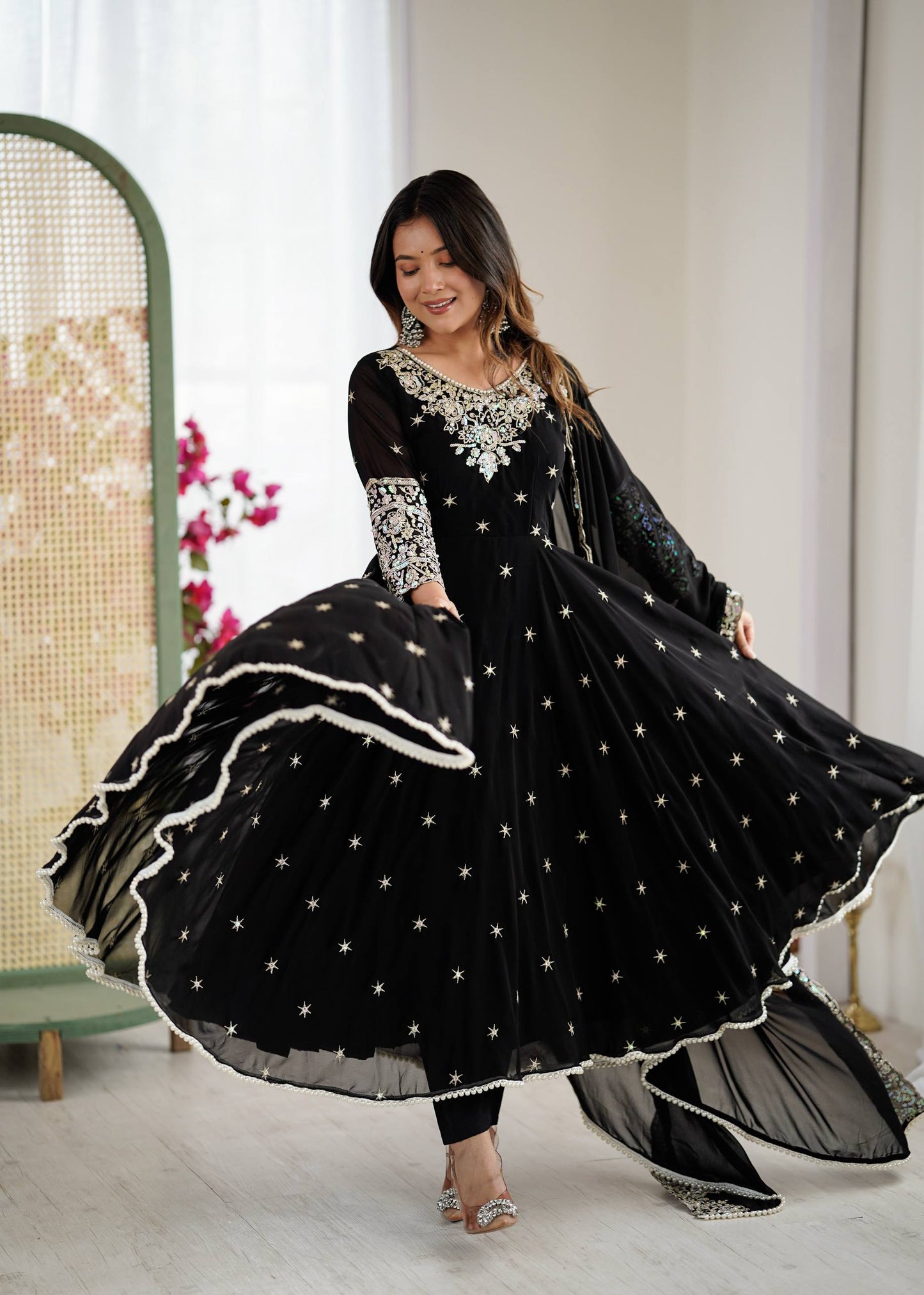 Black Georgette Anarkali Suit with Embroidery & Dupatta for Wedding