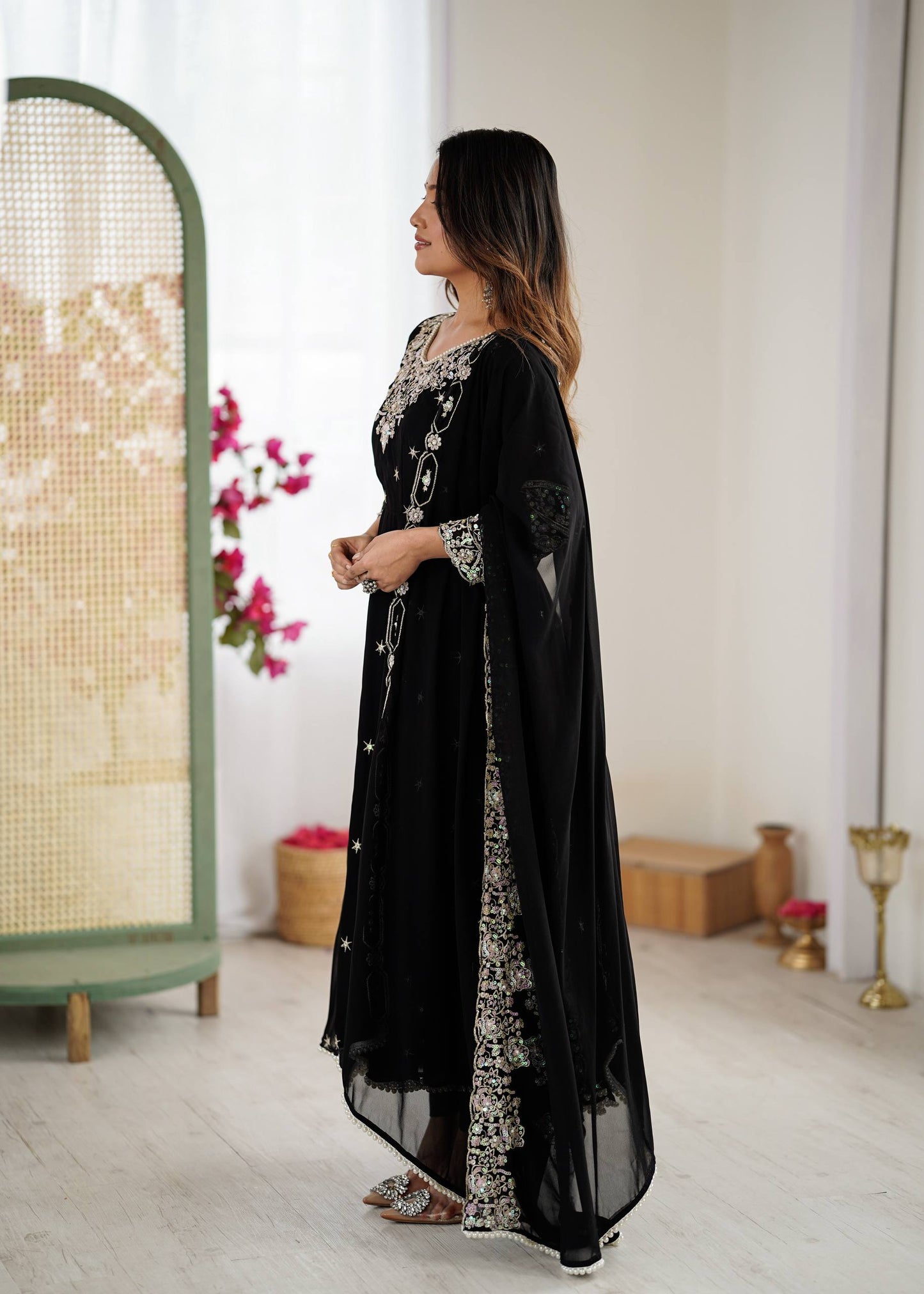 Black Georgette Anarkali Suit with Embroidery & Dupatta for Wedding