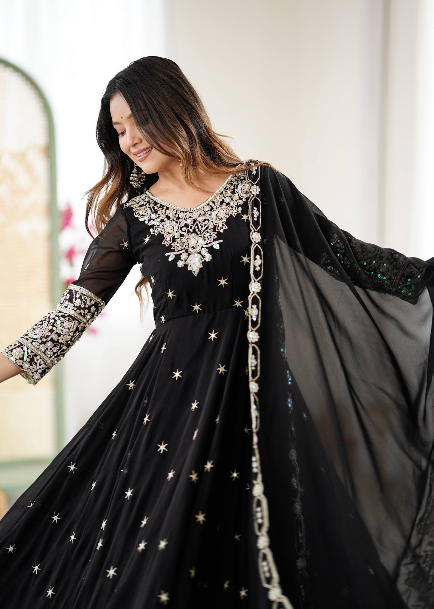 Black Georgette Anarkali Suit with Embroidery & Dupatta for Wedding