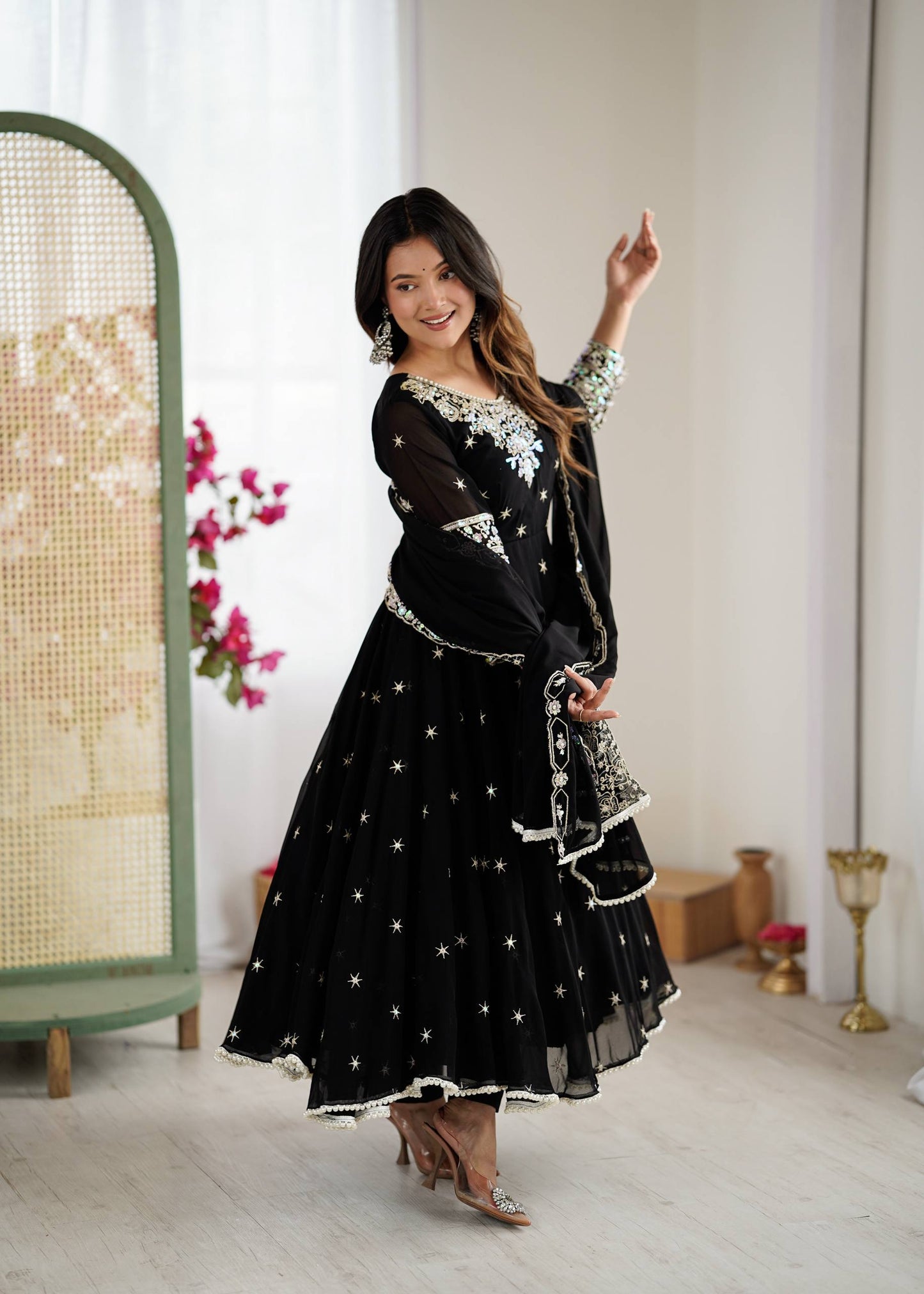 Black Georgette Anarkali Suit with Embroidery & Dupatta for Wedding