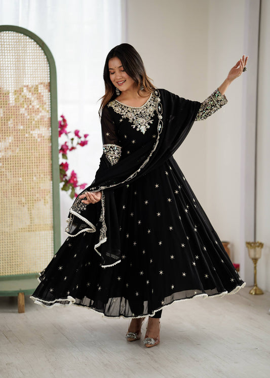 Black Georgette Anarkali Suit with Embroidery & Dupatta for Wedding