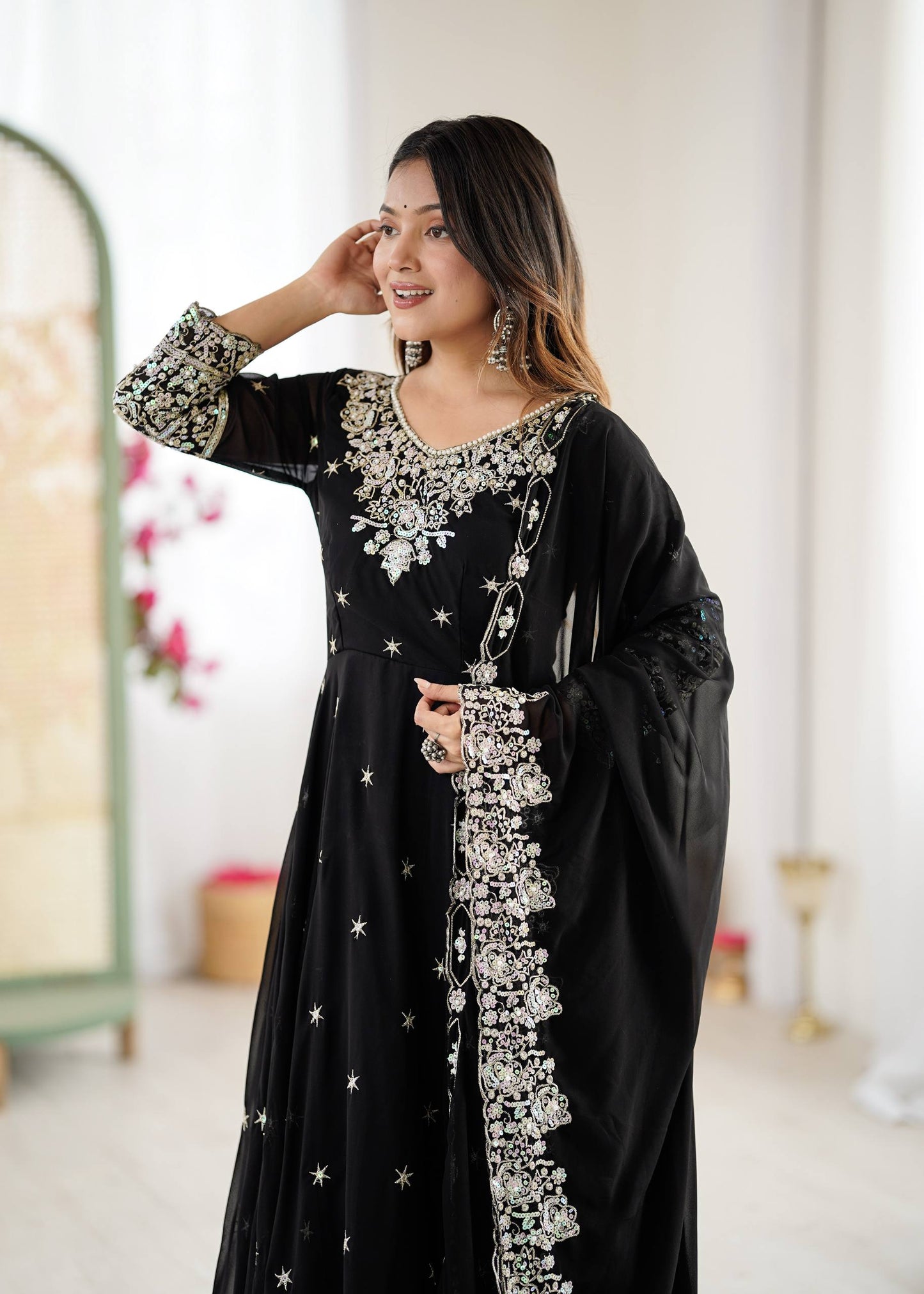Black Georgette Anarkali Suit with Embroidery & Dupatta for Wedding