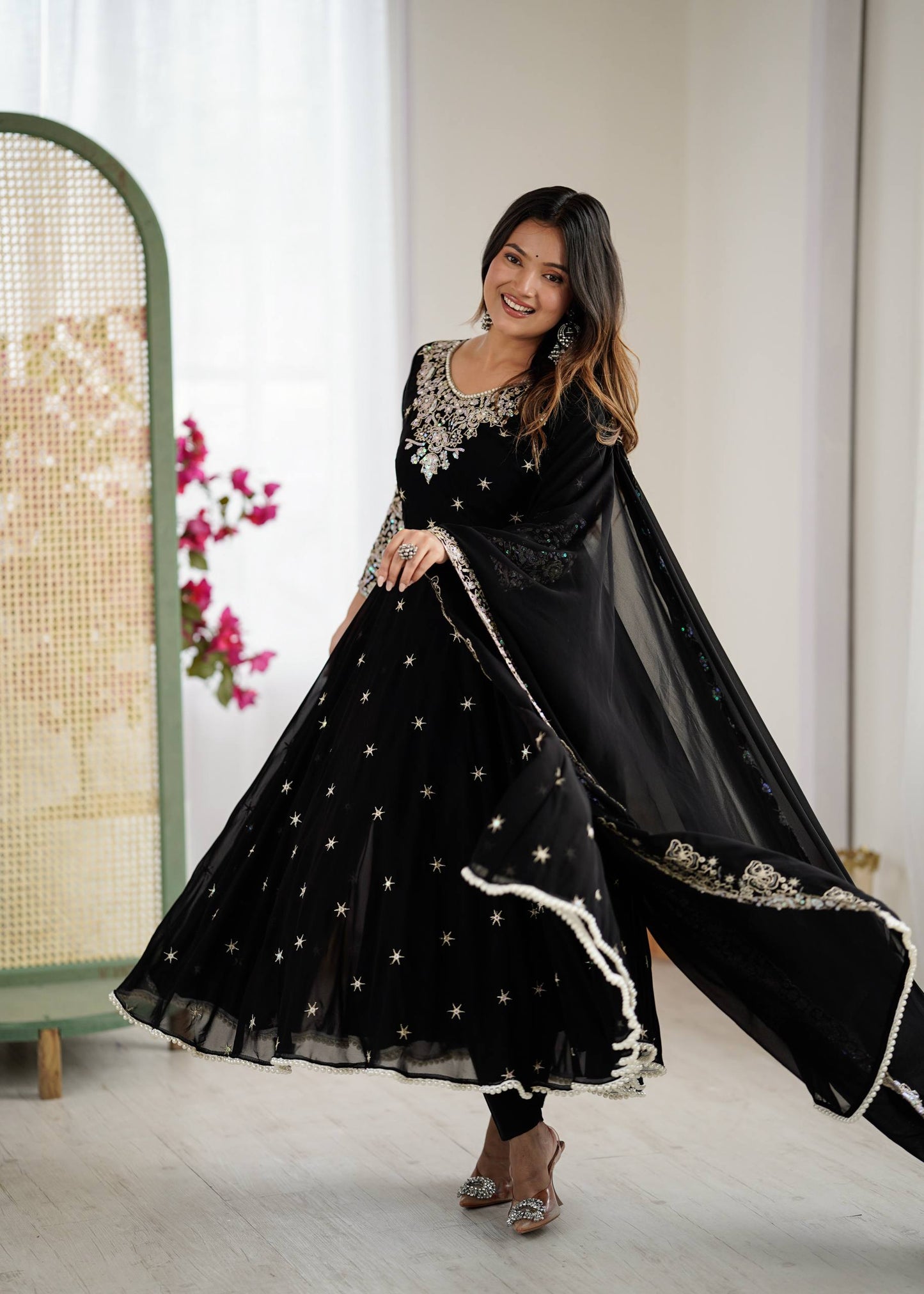 Black Georgette Anarkali Suit with Embroidery & Dupatta for Wedding