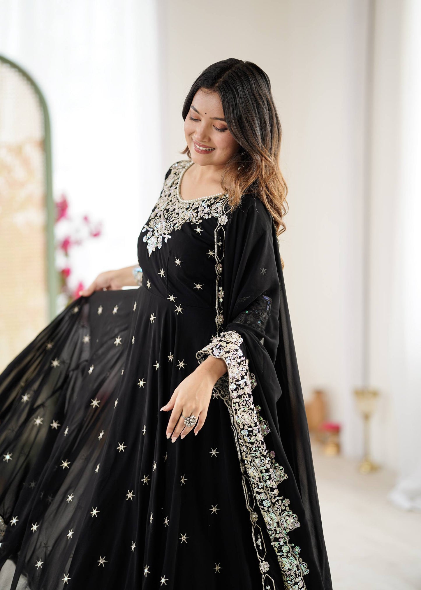 Black Georgette Anarkali Suit with Embroidery & Dupatta for Wedding