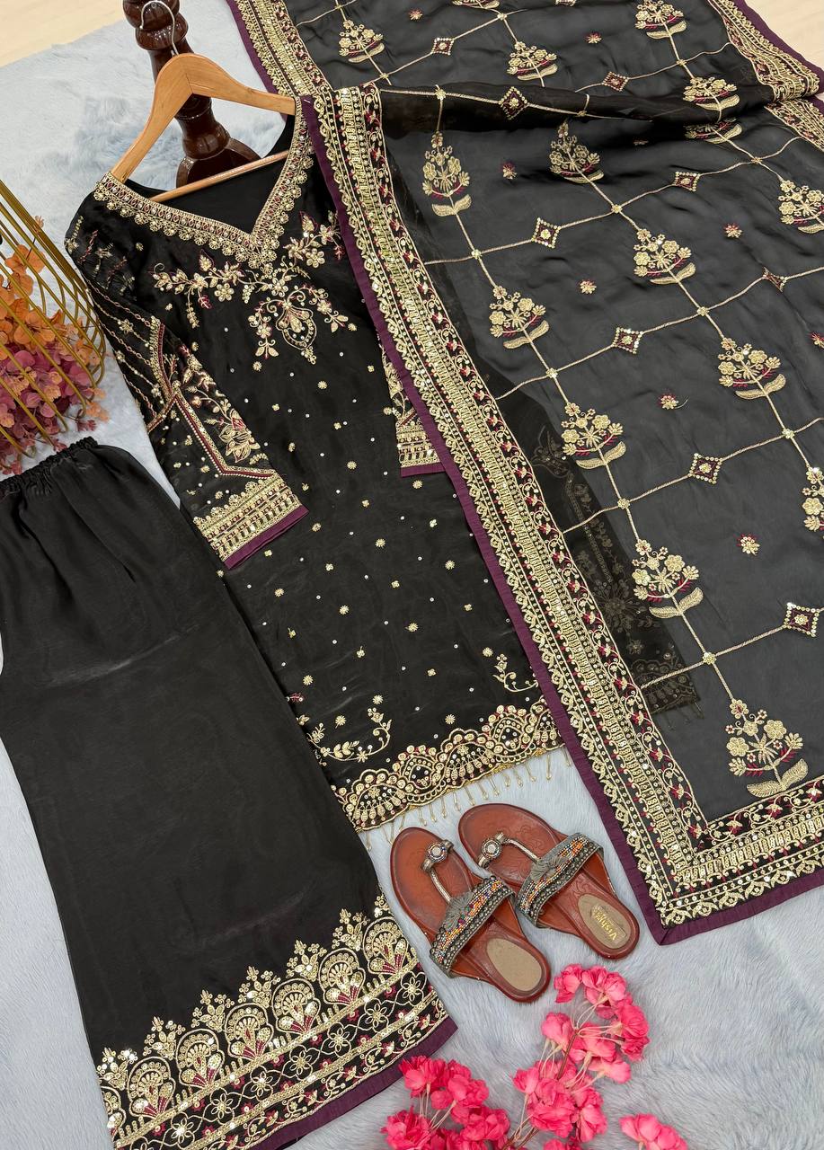 Black Heavy Embroidered Plazzo Suit With Sequins Dupatta – Diamond & Moti Hand Work