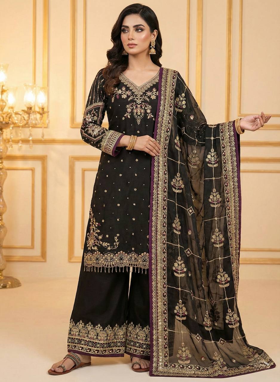 Black Heavy Embroidered Plazzo Suit With Sequins Dupatta – Diamond & Moti Hand Work