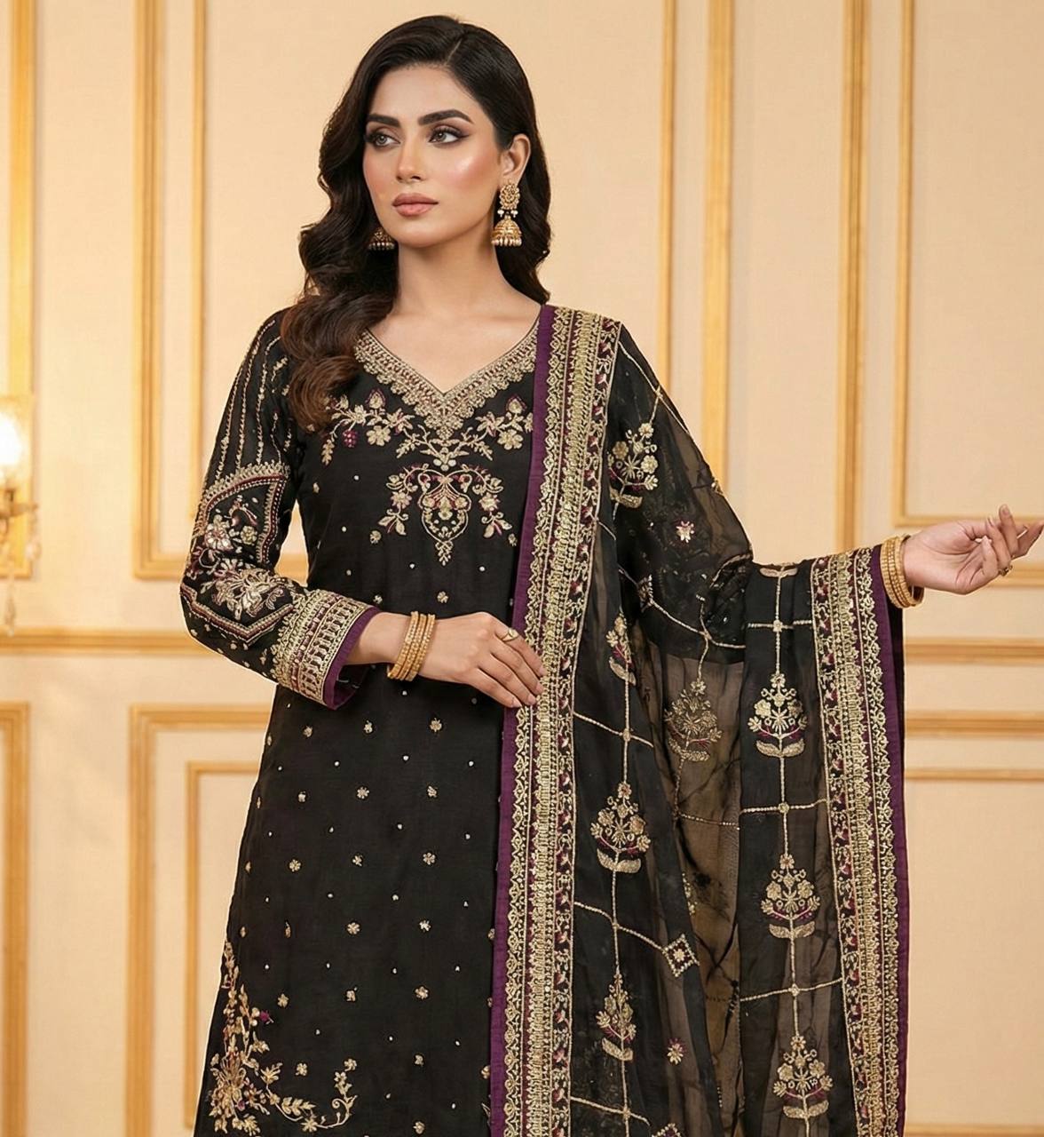 Black Heavy Embroidered Plazzo Suit With Sequins Dupatta – Diamond & Moti Hand Work