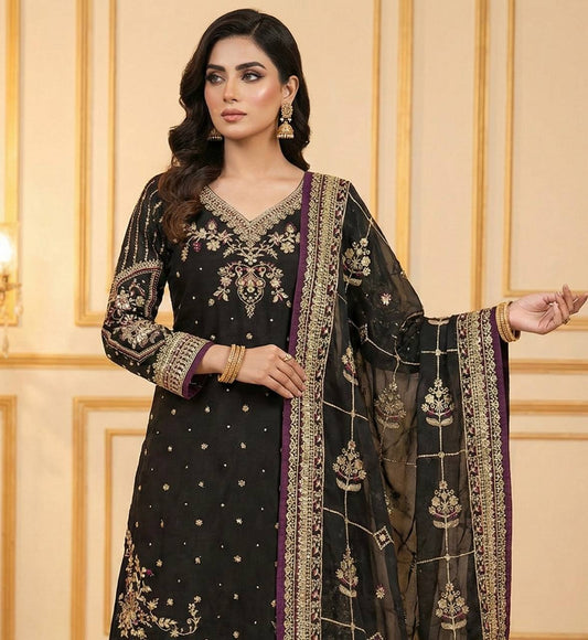 Black Heavy Embroidered Plazzo Suit With Sequins Dupatta – Diamond & Moti Hand Work