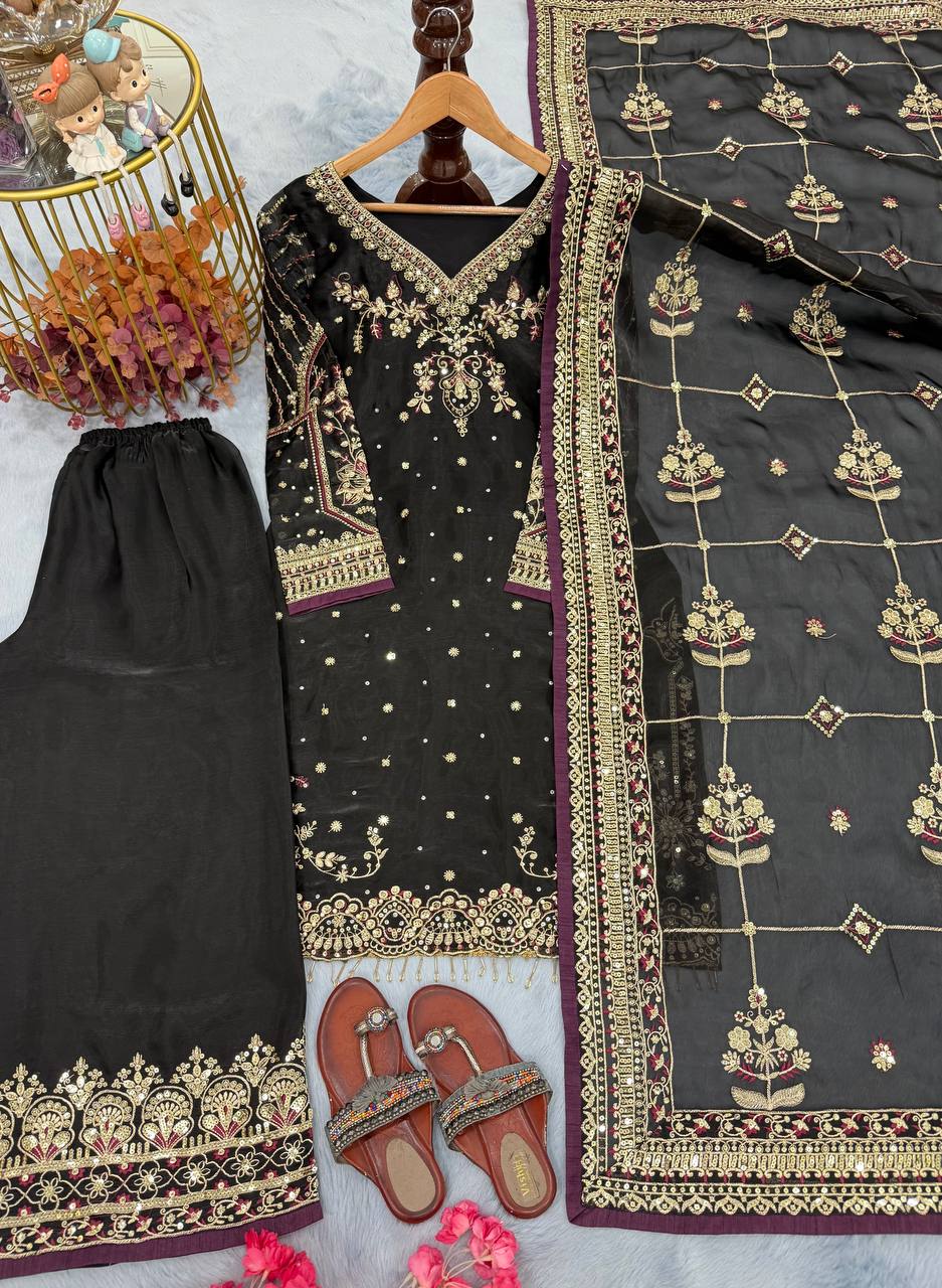 Black Heavy Embroidered Plazzo Suit With Sequins Dupatta – Diamond & Moti Hand Work