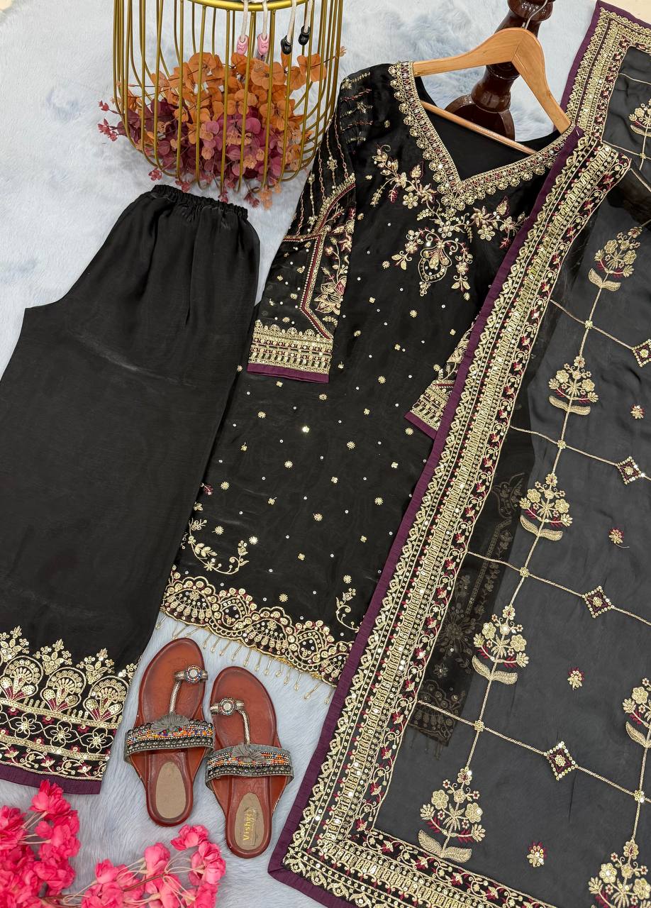 Black Heavy Embroidered Plazzo Suit With Sequins Dupatta – Diamond & Moti Hand Work