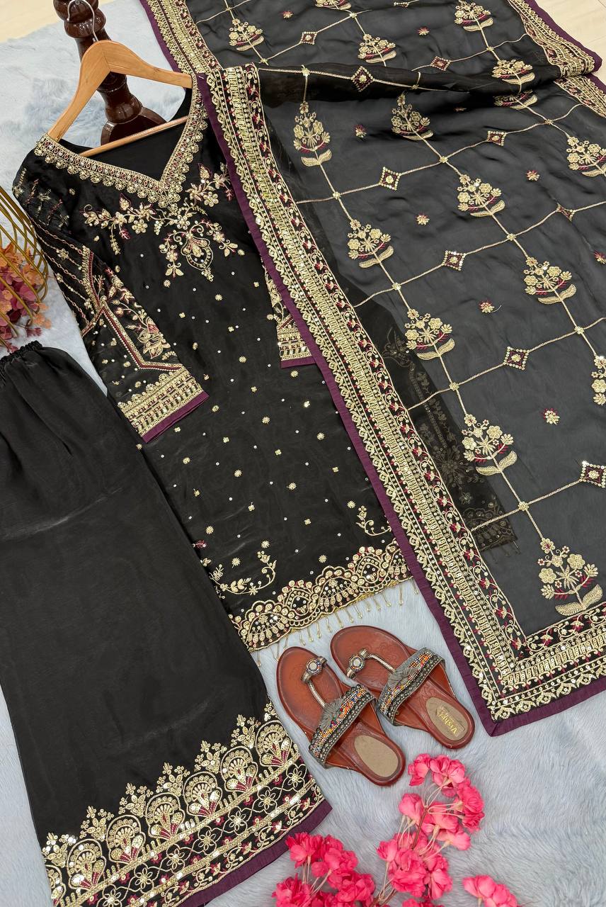 Black Heavy Embroidered Plazzo Suit With Sequins Dupatta – Diamond & Moti Hand Work