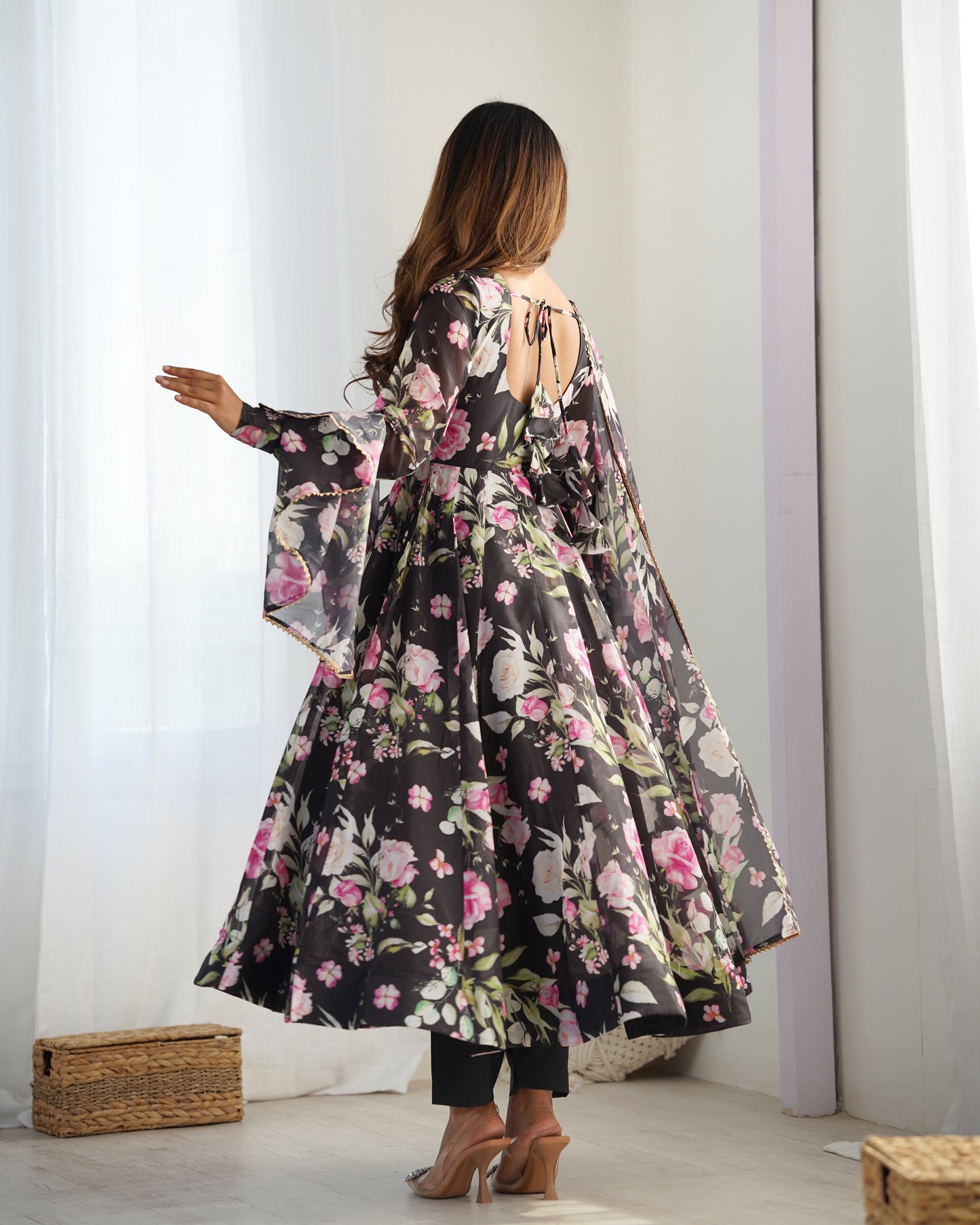 Black Organza Printed Silk Anarkali Suit
