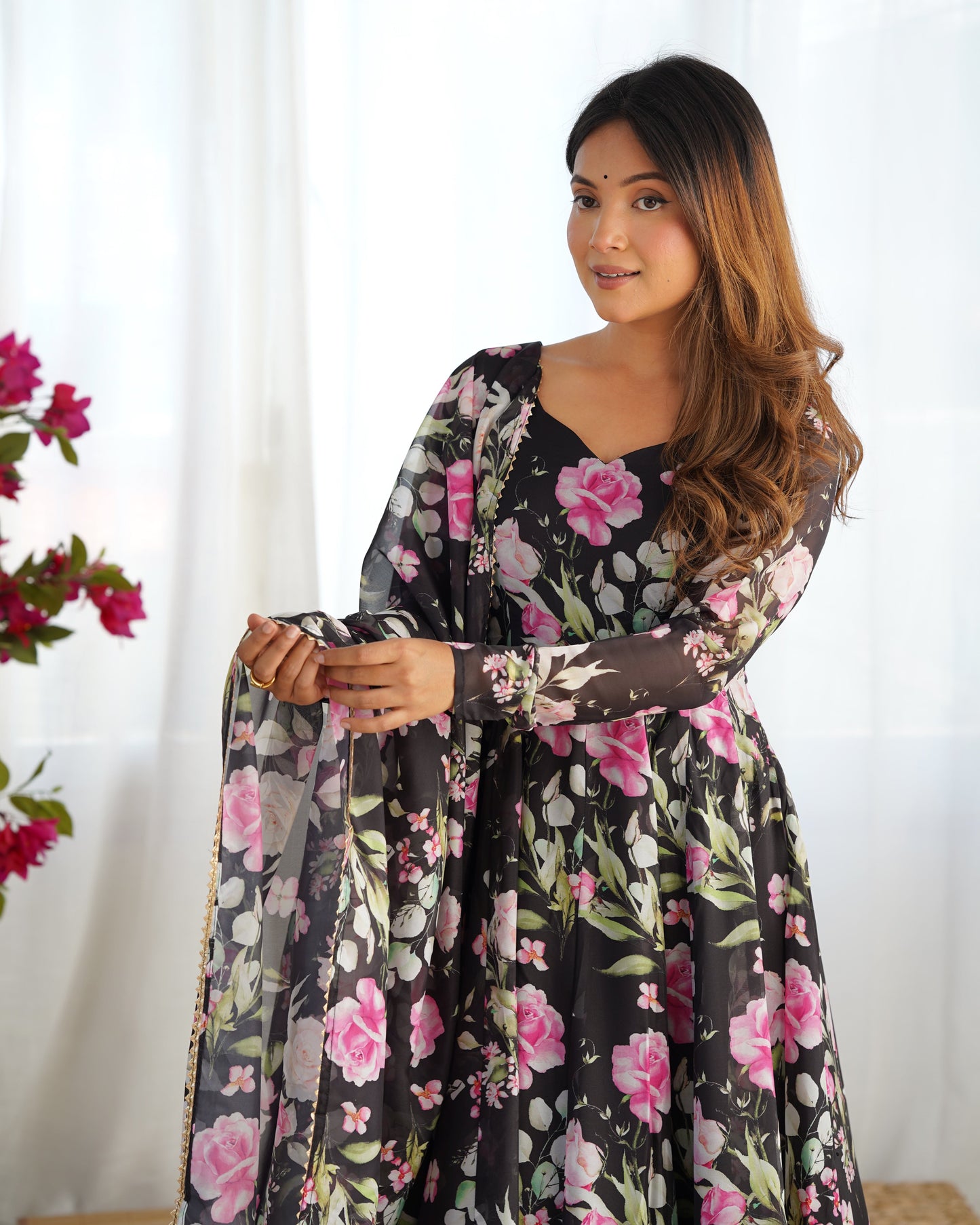 Black Organza Printed Silk Anarkali Suit