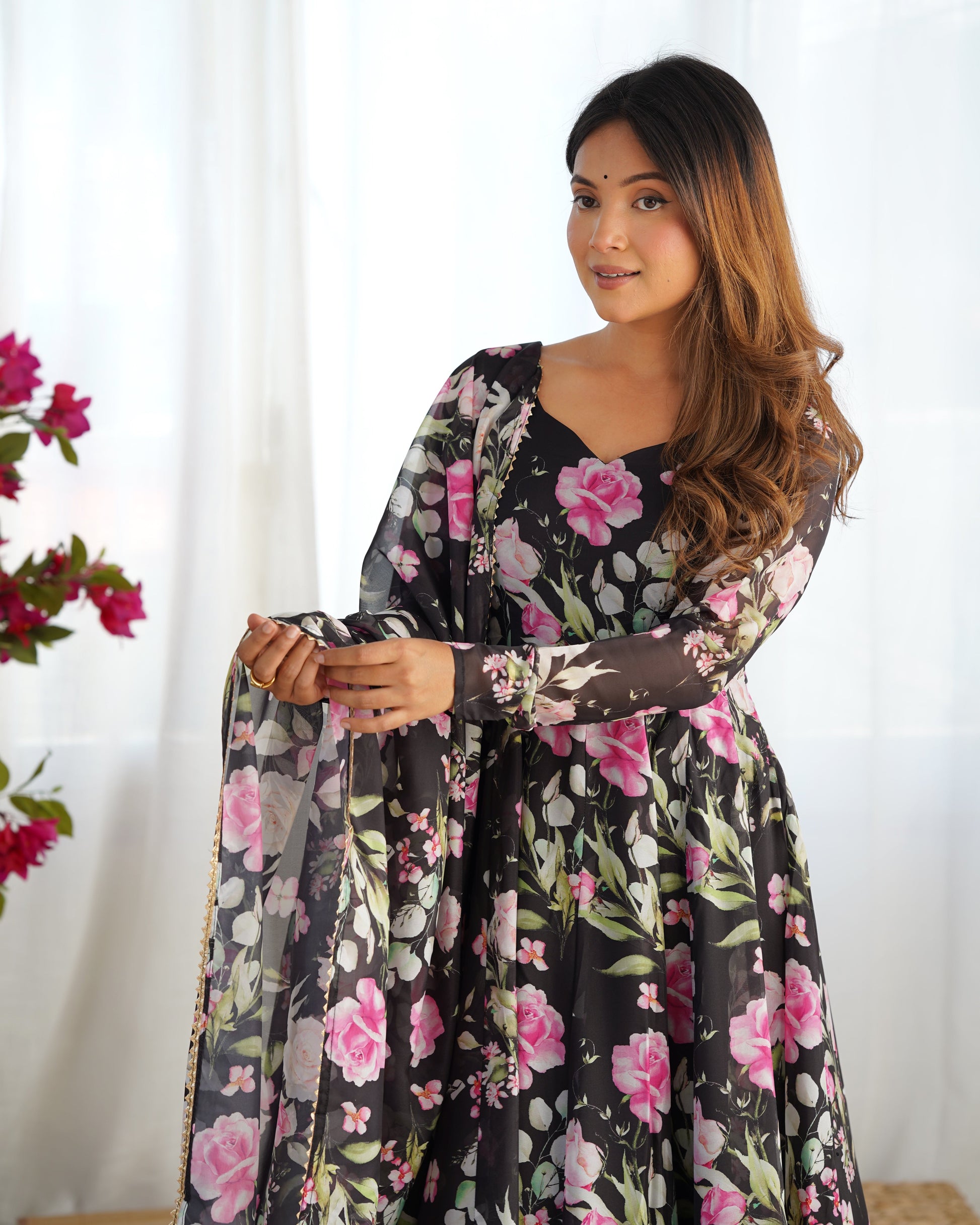 Black Organza Printed Silk Anarkali Suit