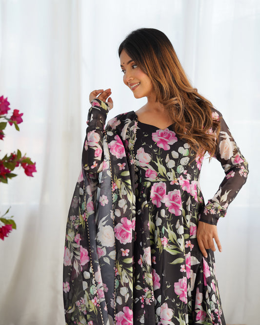 Black Organza Printed Silk Anarkali Suit