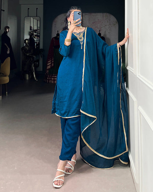 Blue Color Vichitra Silk Three Piece Salwar Suit