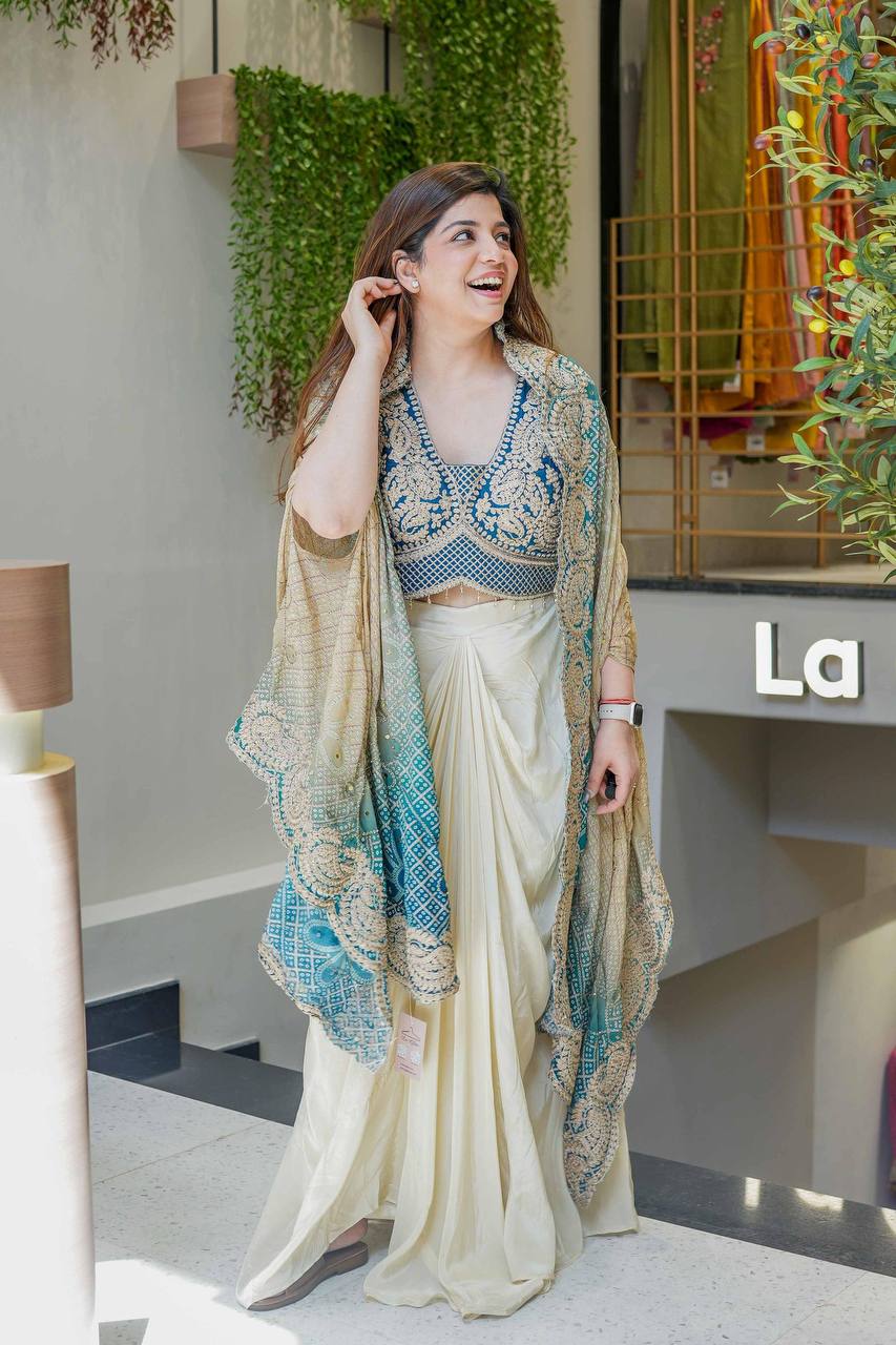 Blue Embroidered Blouse with Cream Drape Skirt & Matching Dupatta Indo Western