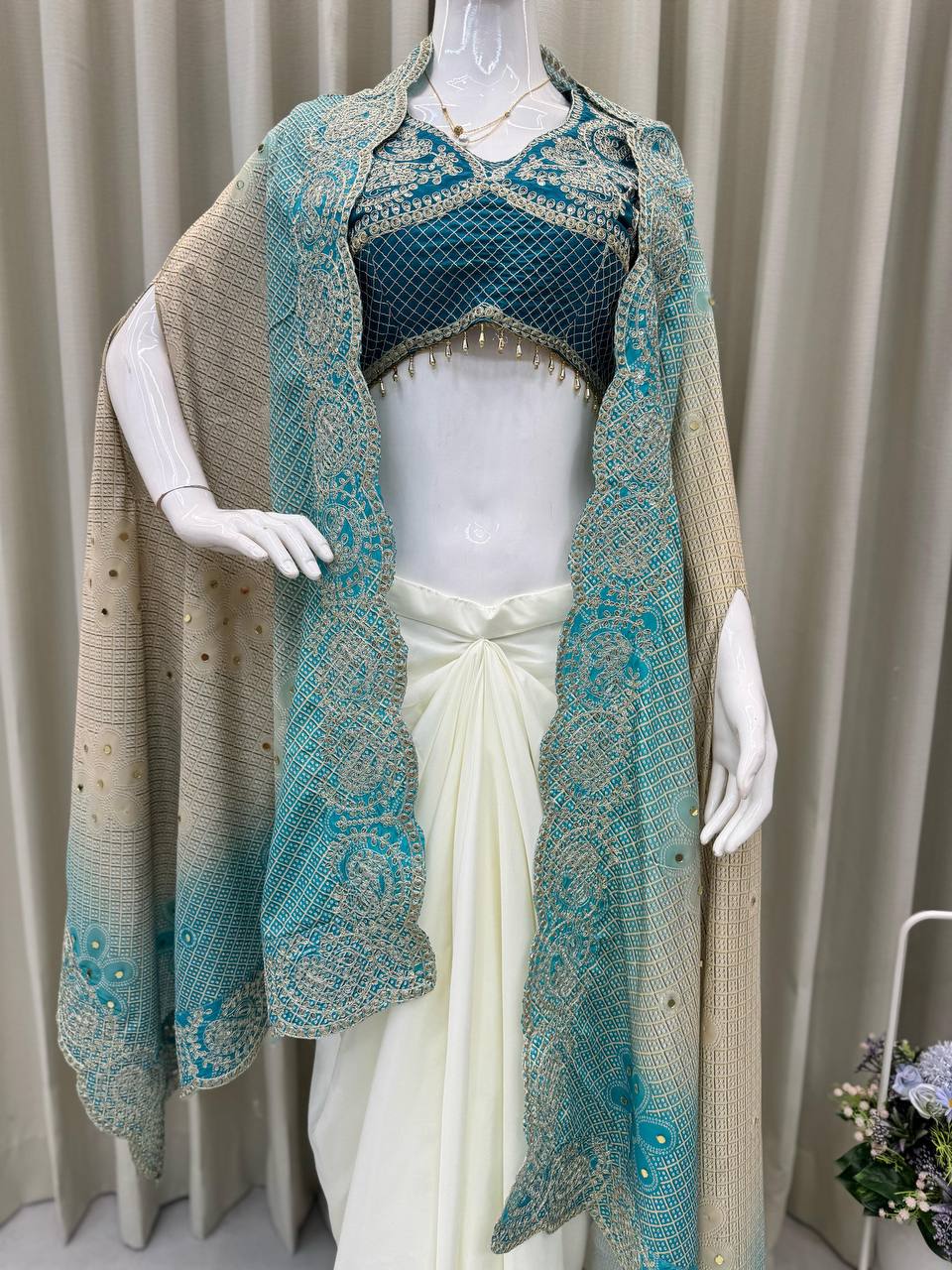 Blue Embroidered Blouse with Cream Drape Skirt & Matching Dupatta Indo Western